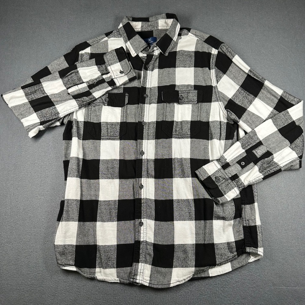 George Flannel Shirt Mens L Black White Buffalo Plaid Long Sleeve Button Up